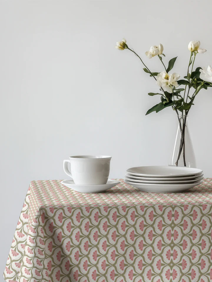 Pink & Green Floral Print Cotton Tablecloth