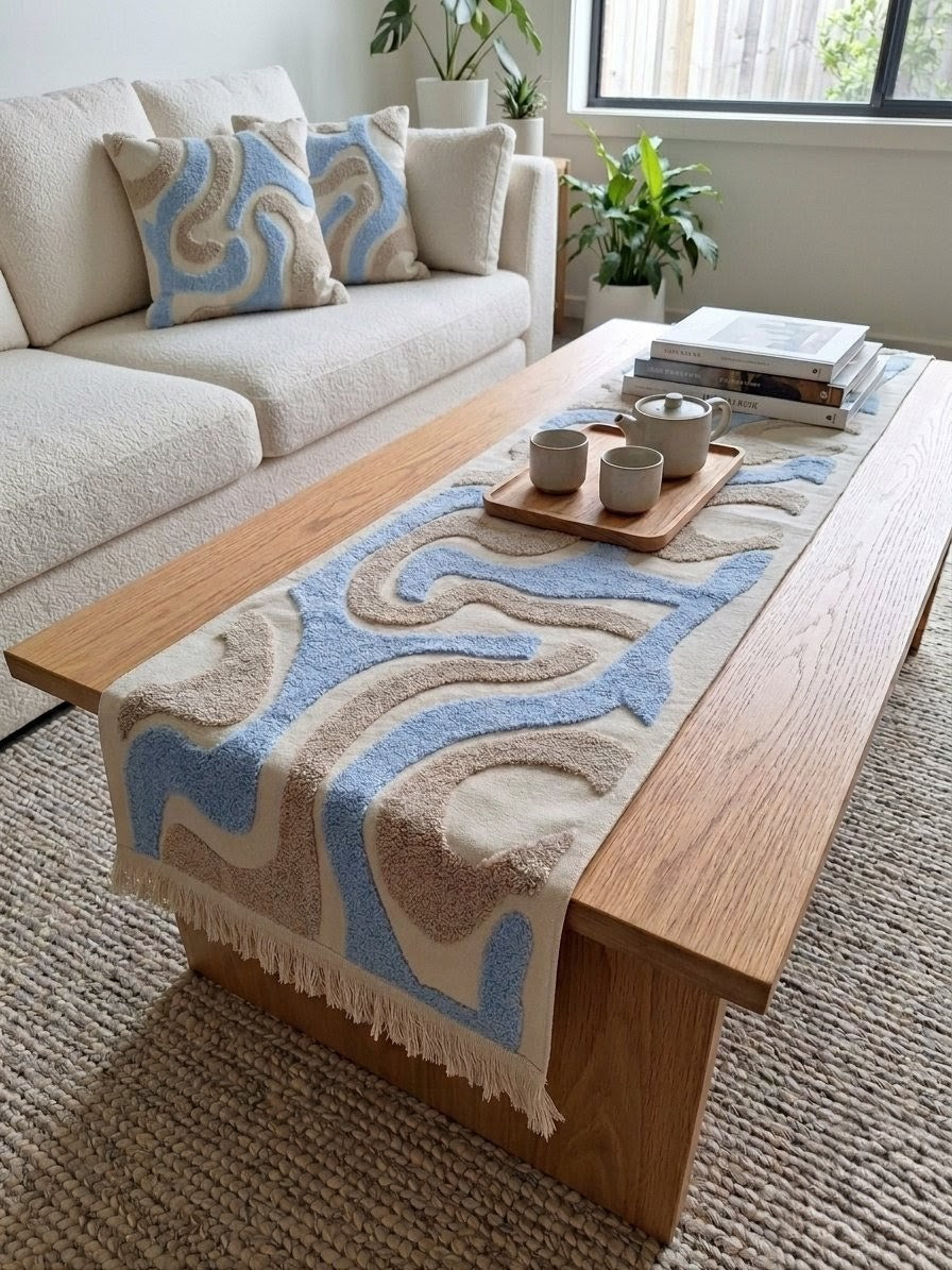 Blue Wave Set of Table Runner & 2 Cushion Covers