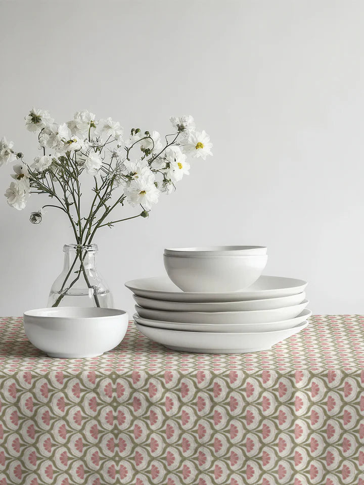 Pink & Green Floral Print Cotton Tablecloth