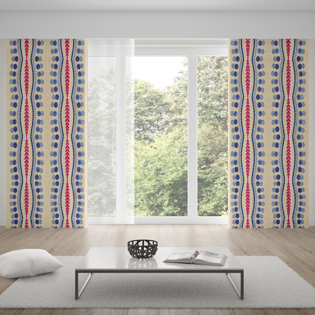 Natural Linen Look Teal Pink Ethnic Border Curtains