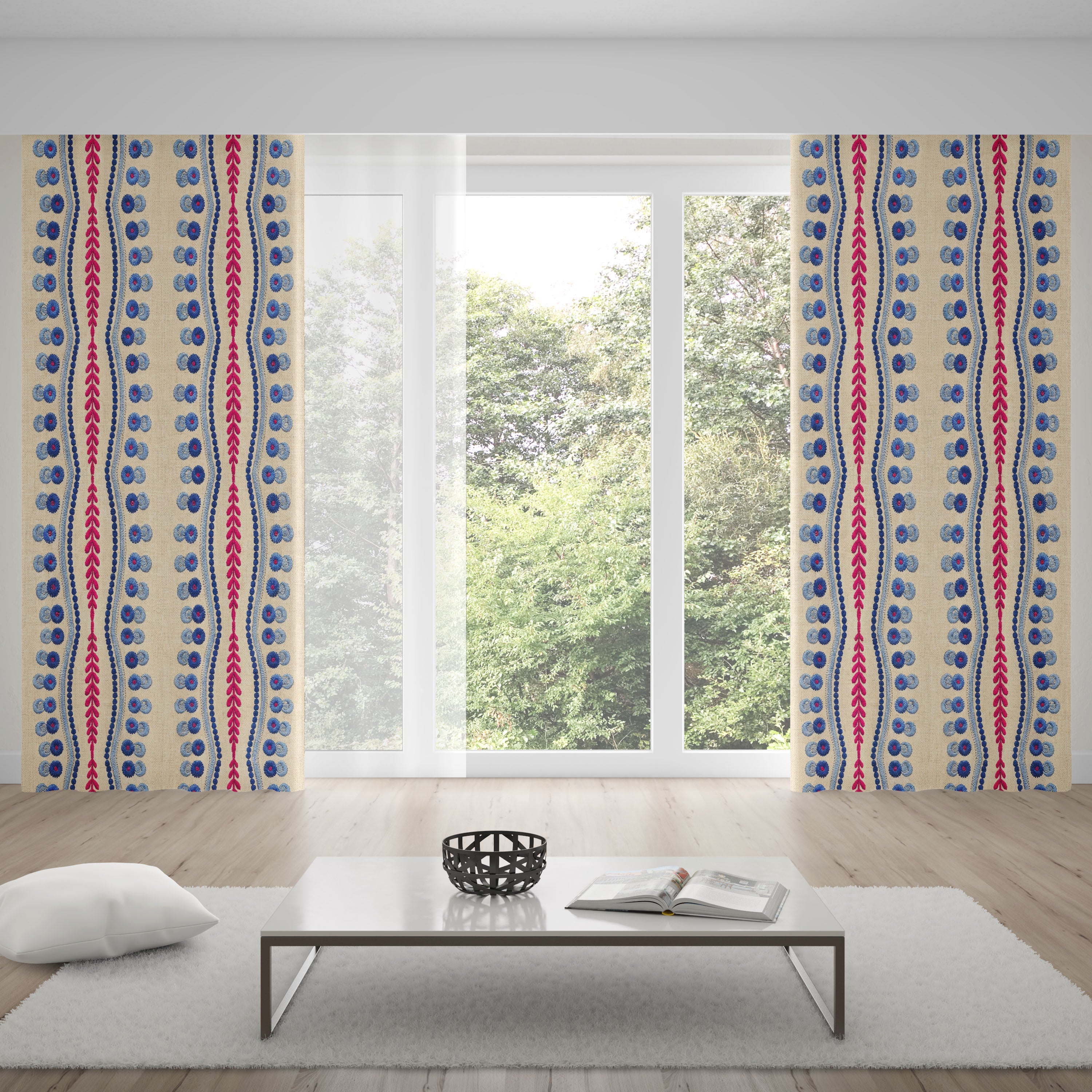 Natural Linen Look Teal Pink Ethnic Border Curtains