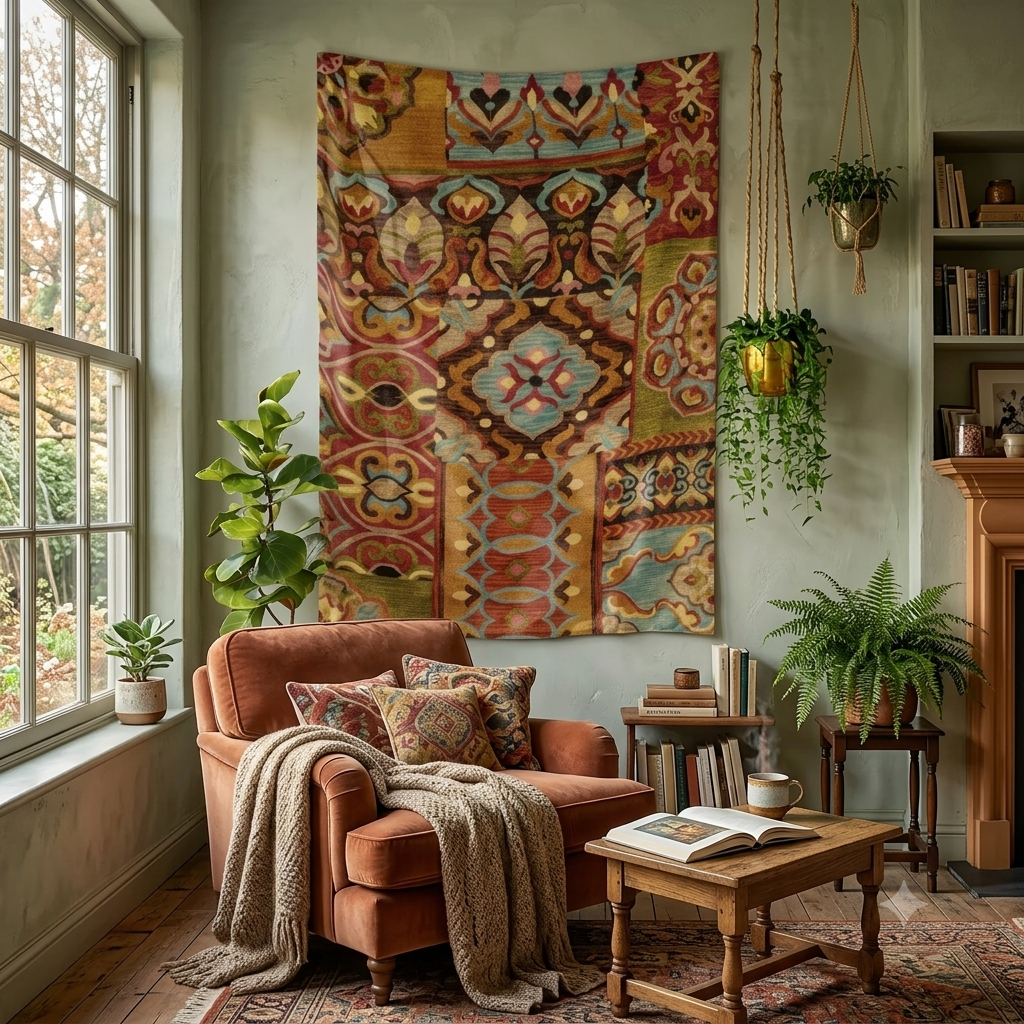 Bohemian Patchwork Mosaic Fabric Wall Tapestry
