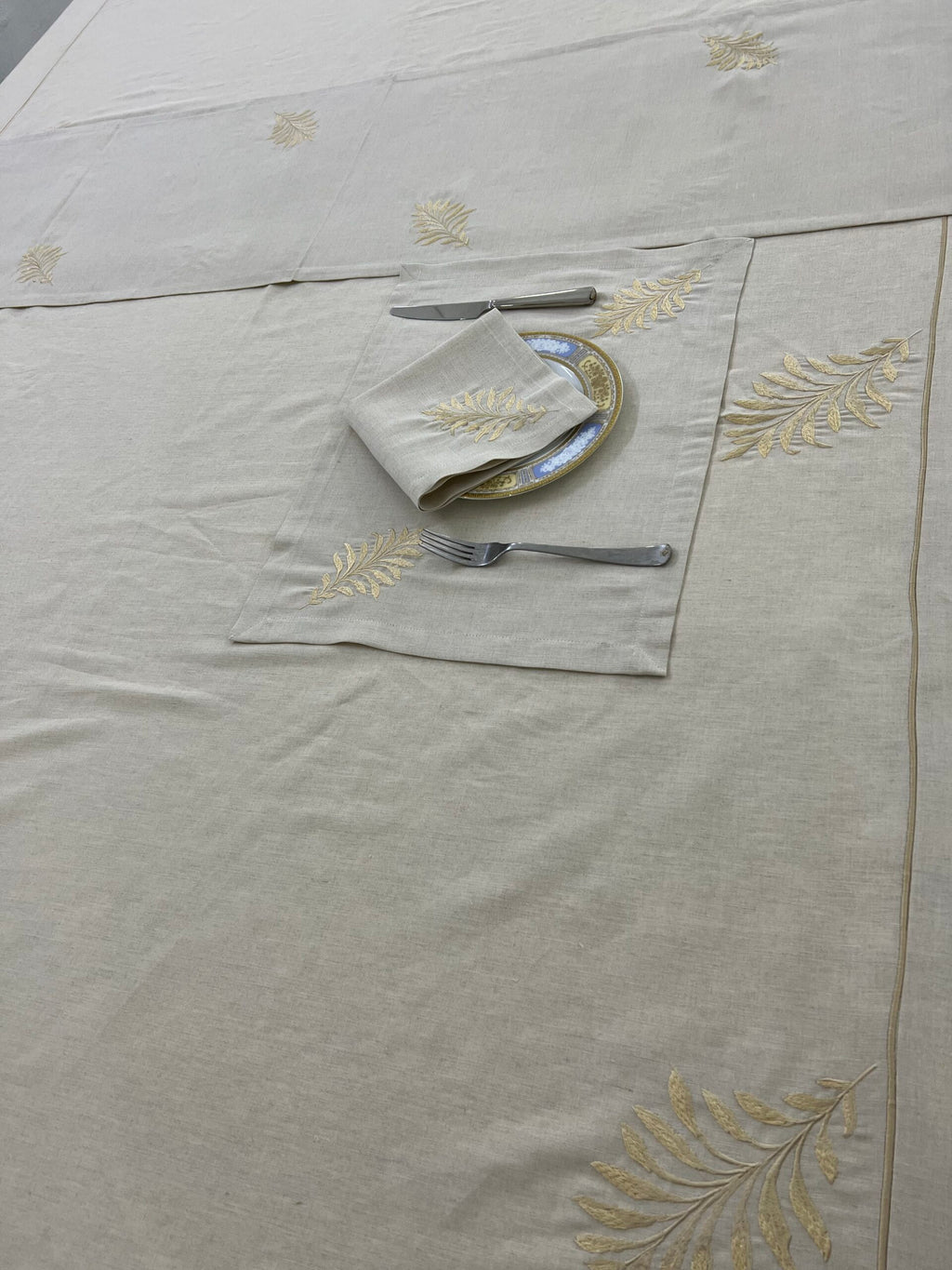 Golden Leaf Luxury Embroidered Table Linen Collection – 100% Egyptian Cotton & Linen