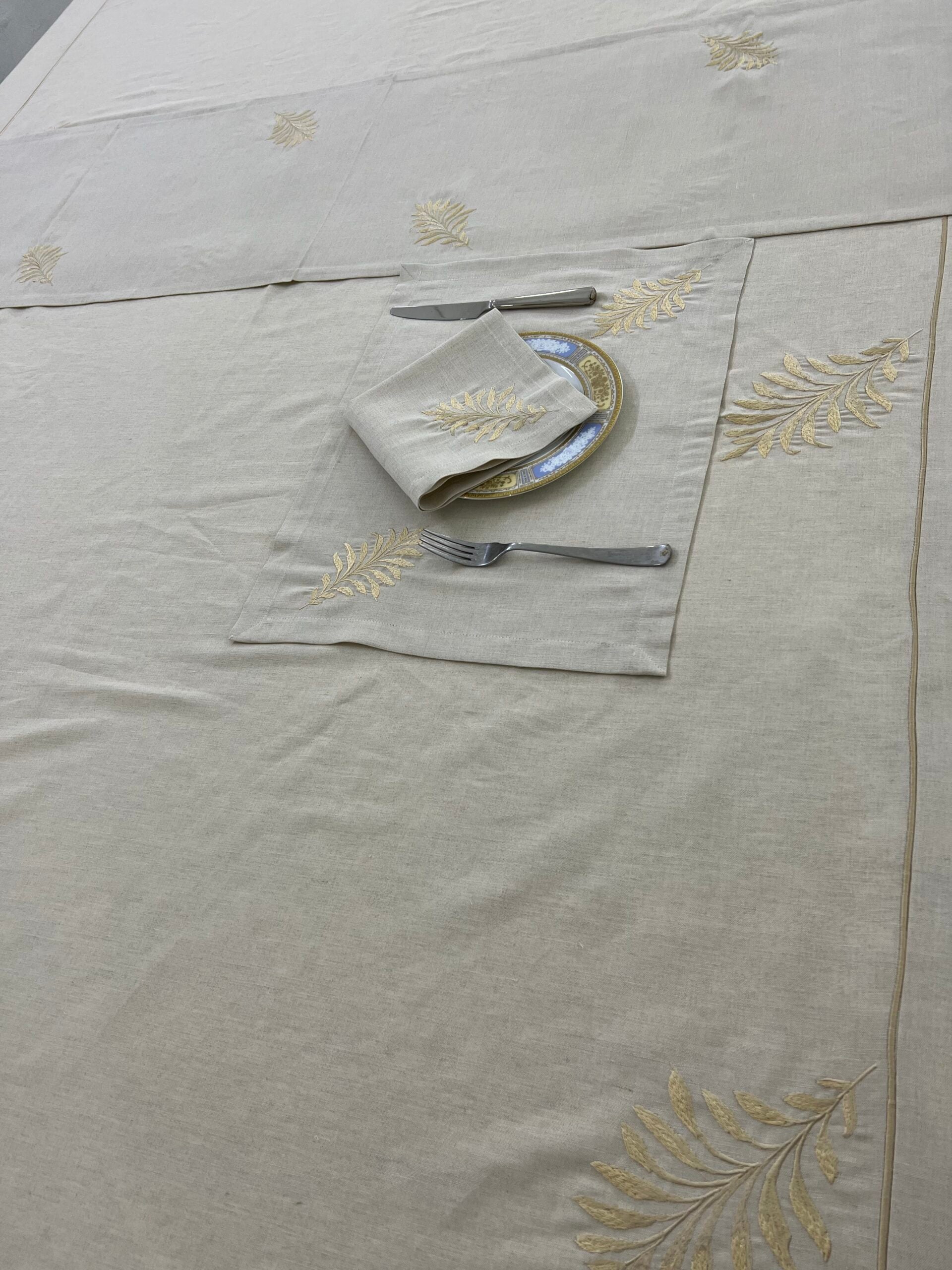 Golden Leaf Luxury Embroidered Table Linen Collection – 100% Egyptian Cotton & Linen