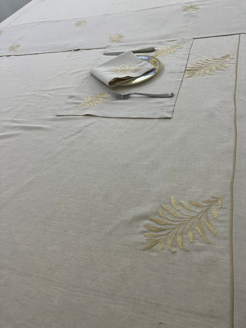 Golden Leaf Luxury Embroidered Table Linen Collection – 100% Egyptian Cotton & Linen