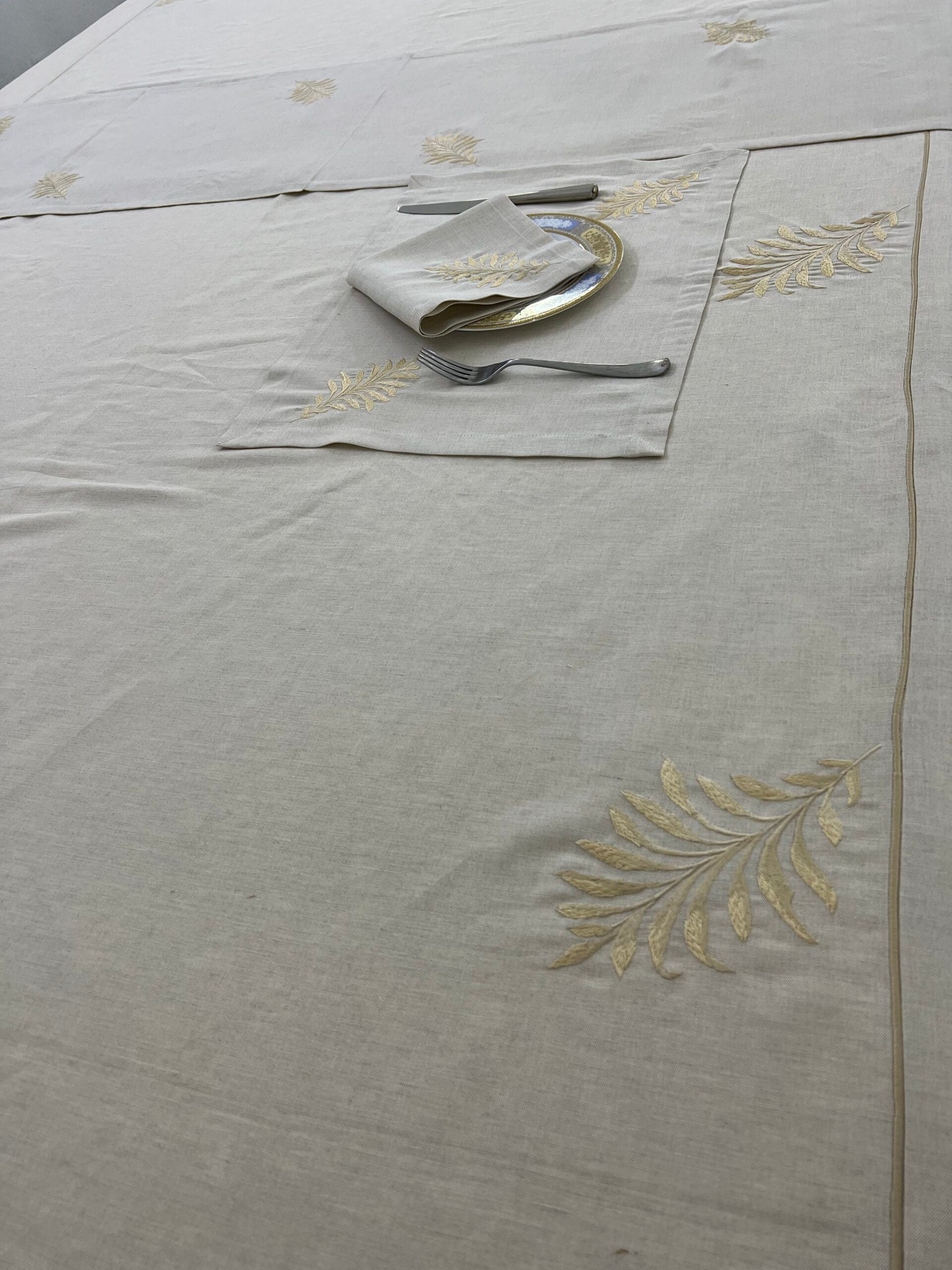 Golden Leaf Luxury Embroidered Table Linen Collection – 100% Egyptian Cotton & Linen