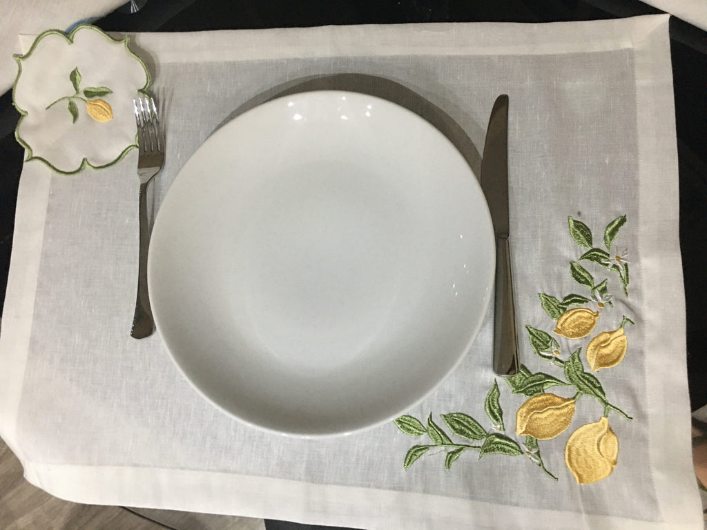 Lemon Luxury Embroidered Table Linen Collection – 100% Egyptian Cotton & Linen