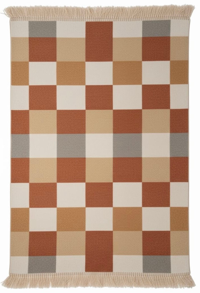 Brown Checkered Corner Wool Kilim Rug