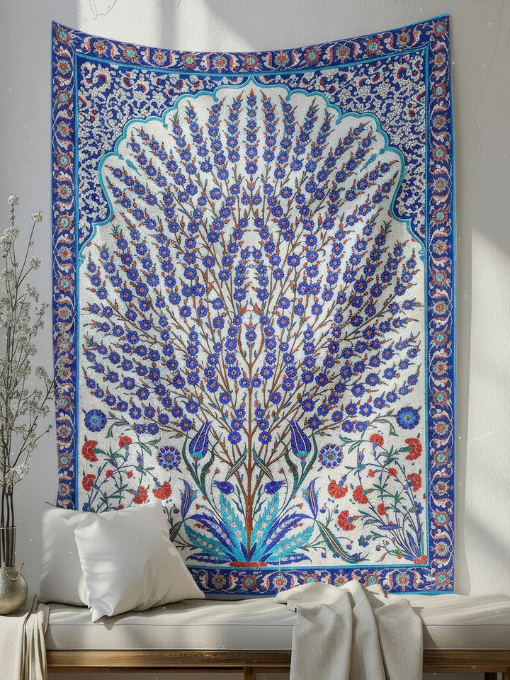 Floral Blue And Red Tree Wall Tapestry