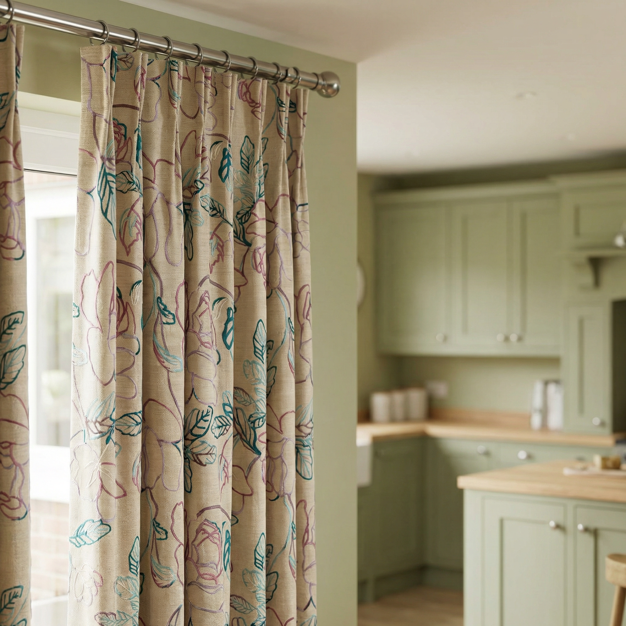 Cream Embroidered Jacobean Floral Curtains