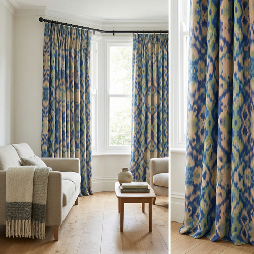 Blue/Green Ikat Linen Blend Curtains
