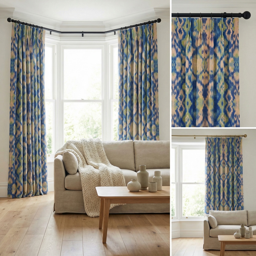 Blue/Green Ikat Linen Blend Curtains