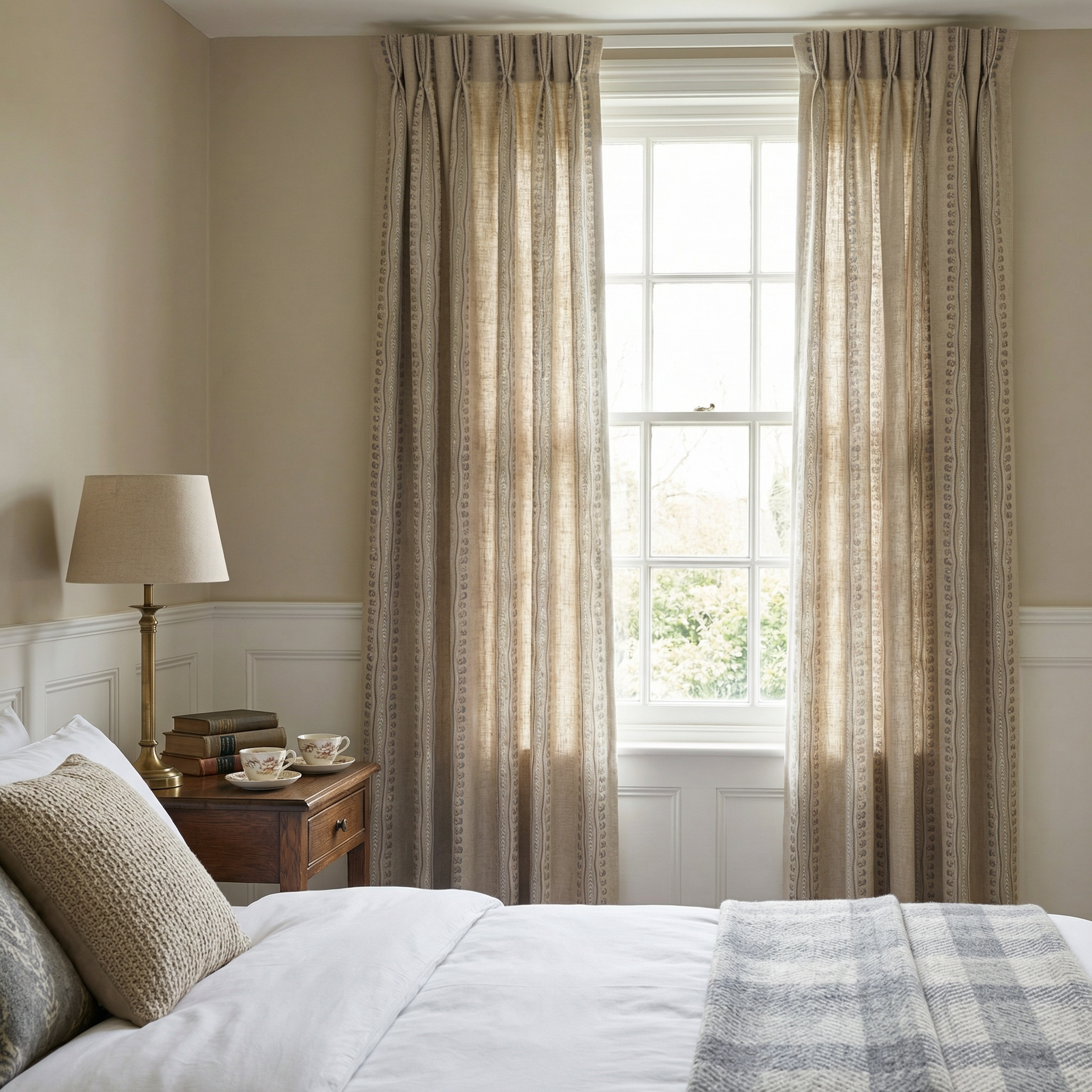 Natural Linen Look Teal & Gold Ethnic Border Curtains