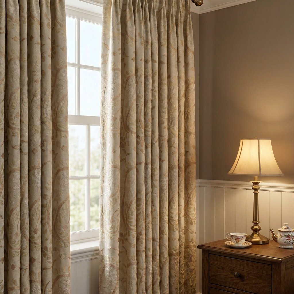 Cream & Gold Jacobean Floral Brocade Curtains