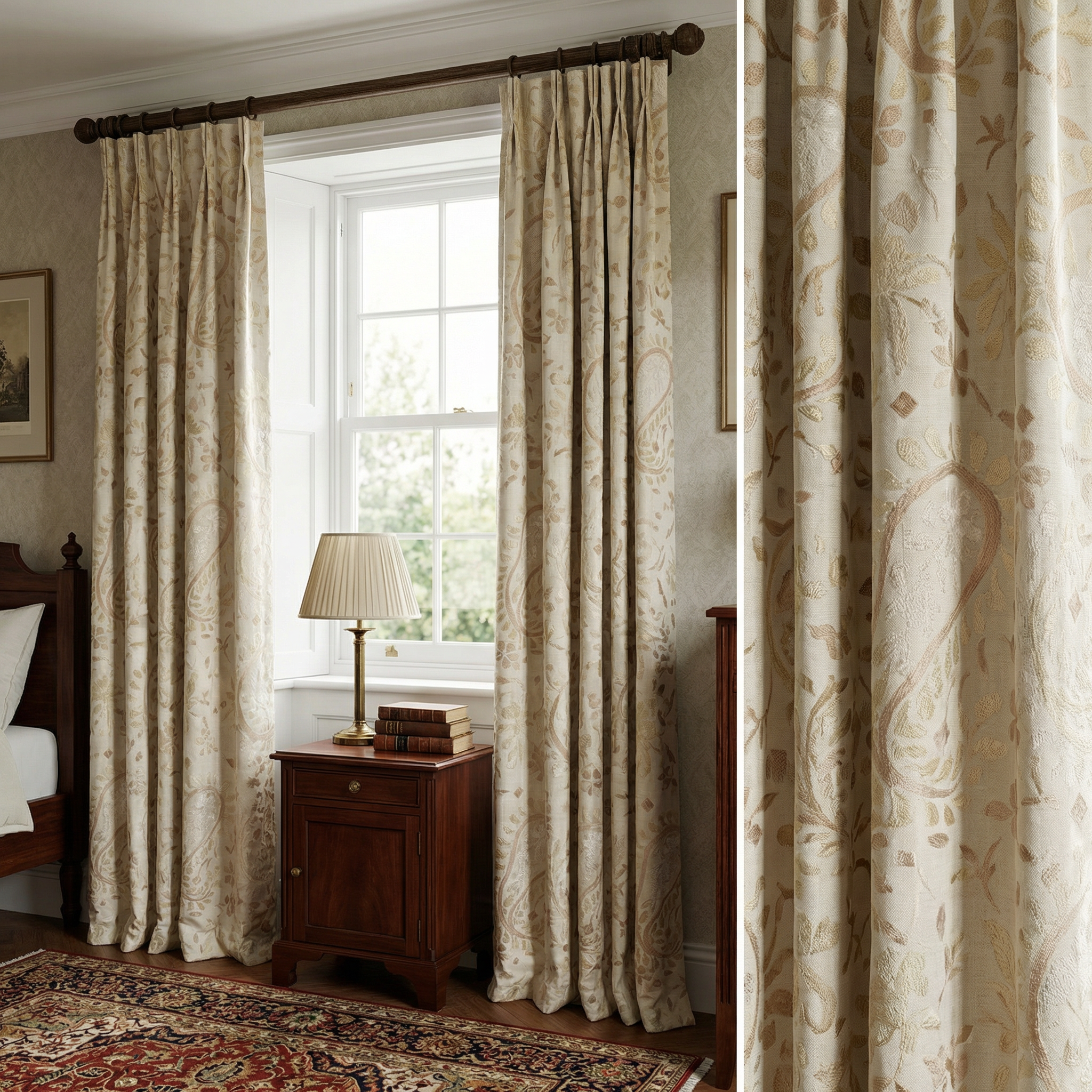 Cream & Gold Jacobean Floral Brocade Curtains