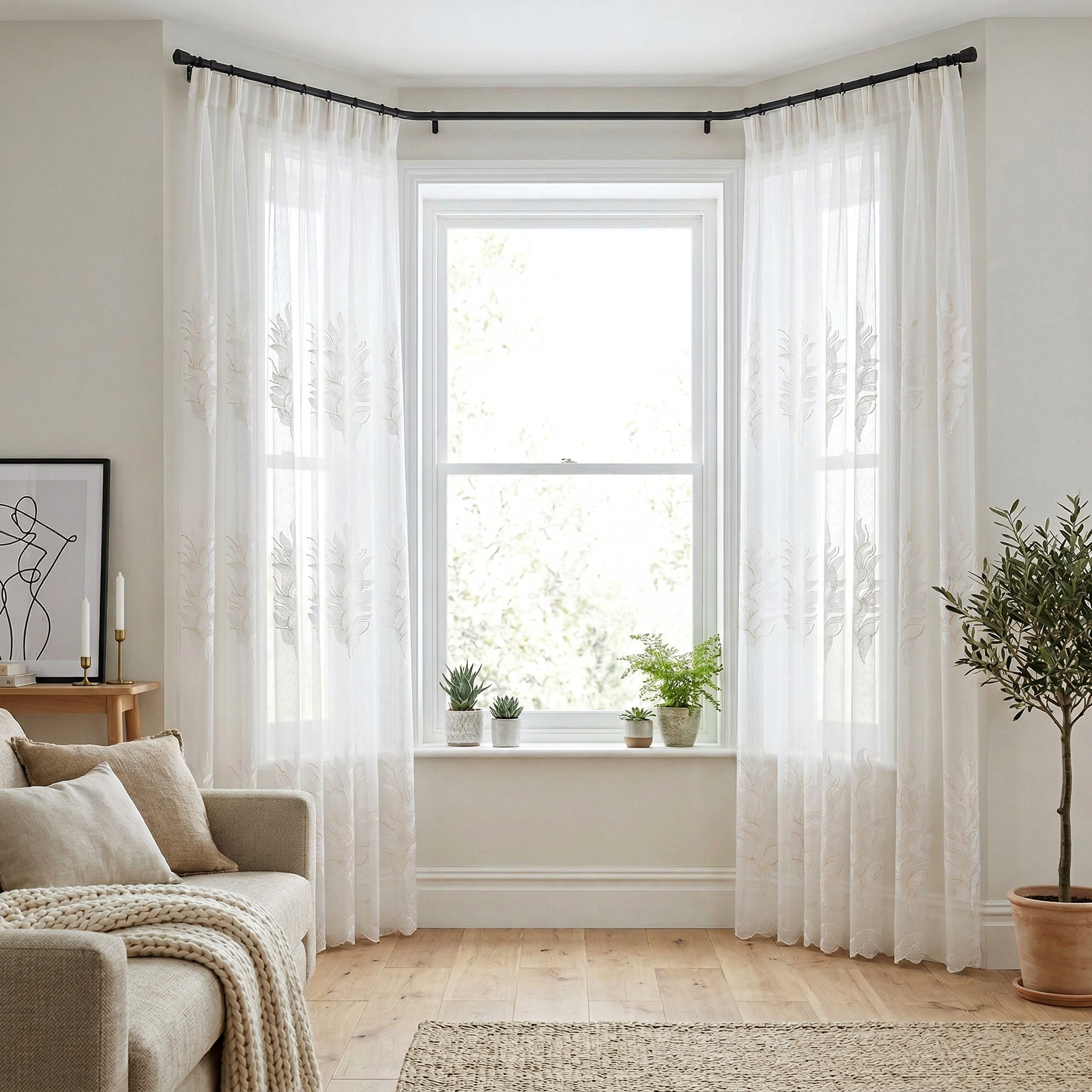Sophia Embroidered Leaf White Voile Curtains