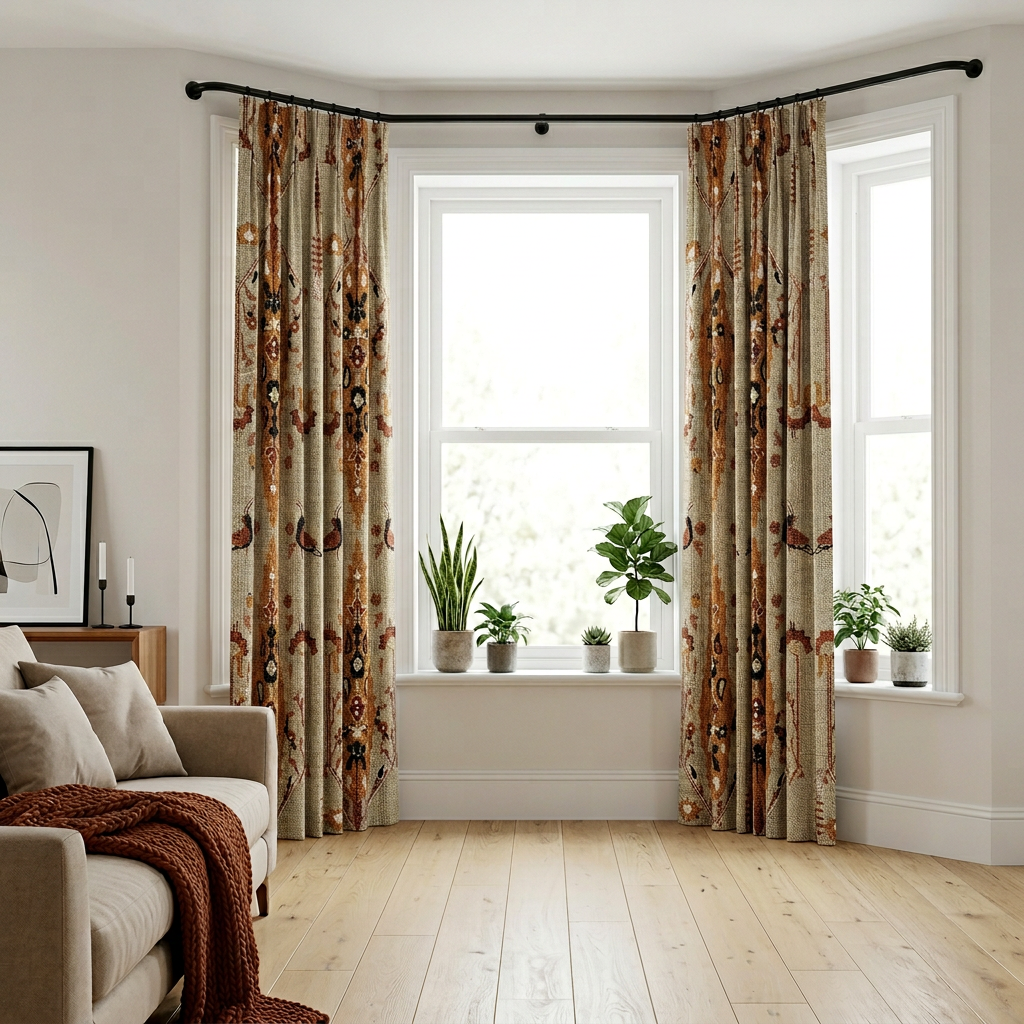 Rust And Black Oriental Bird Pattern Curtains