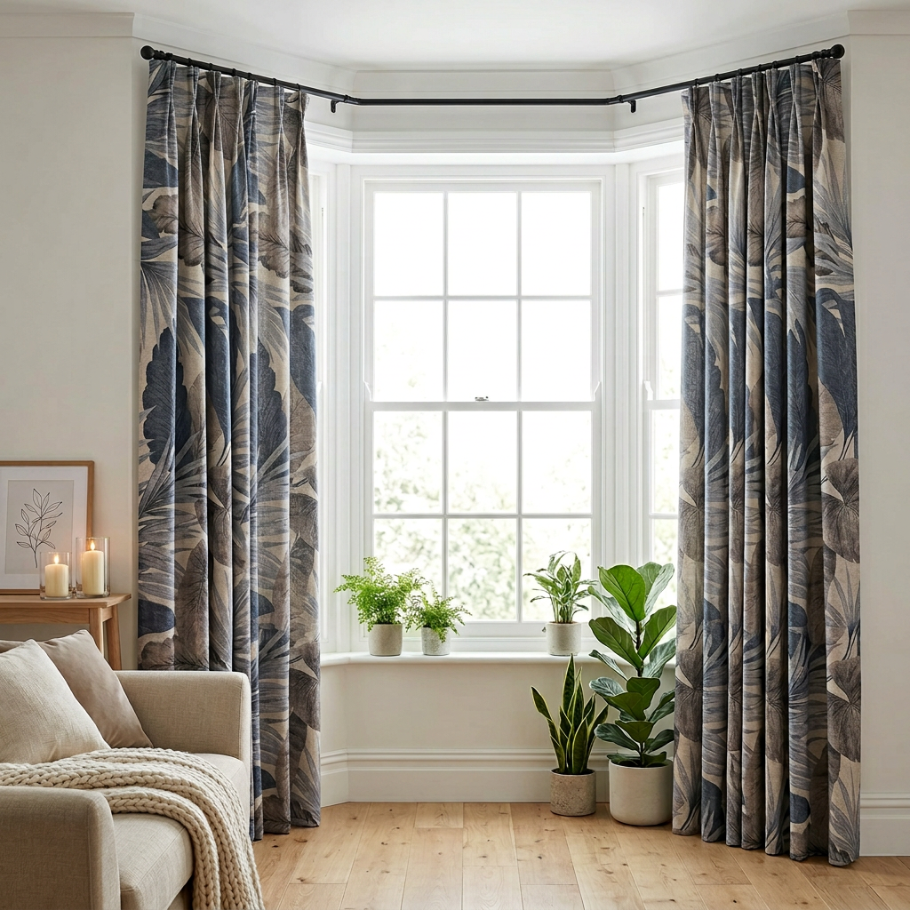 Navy Blue Tropical Palm Leaf Curtains