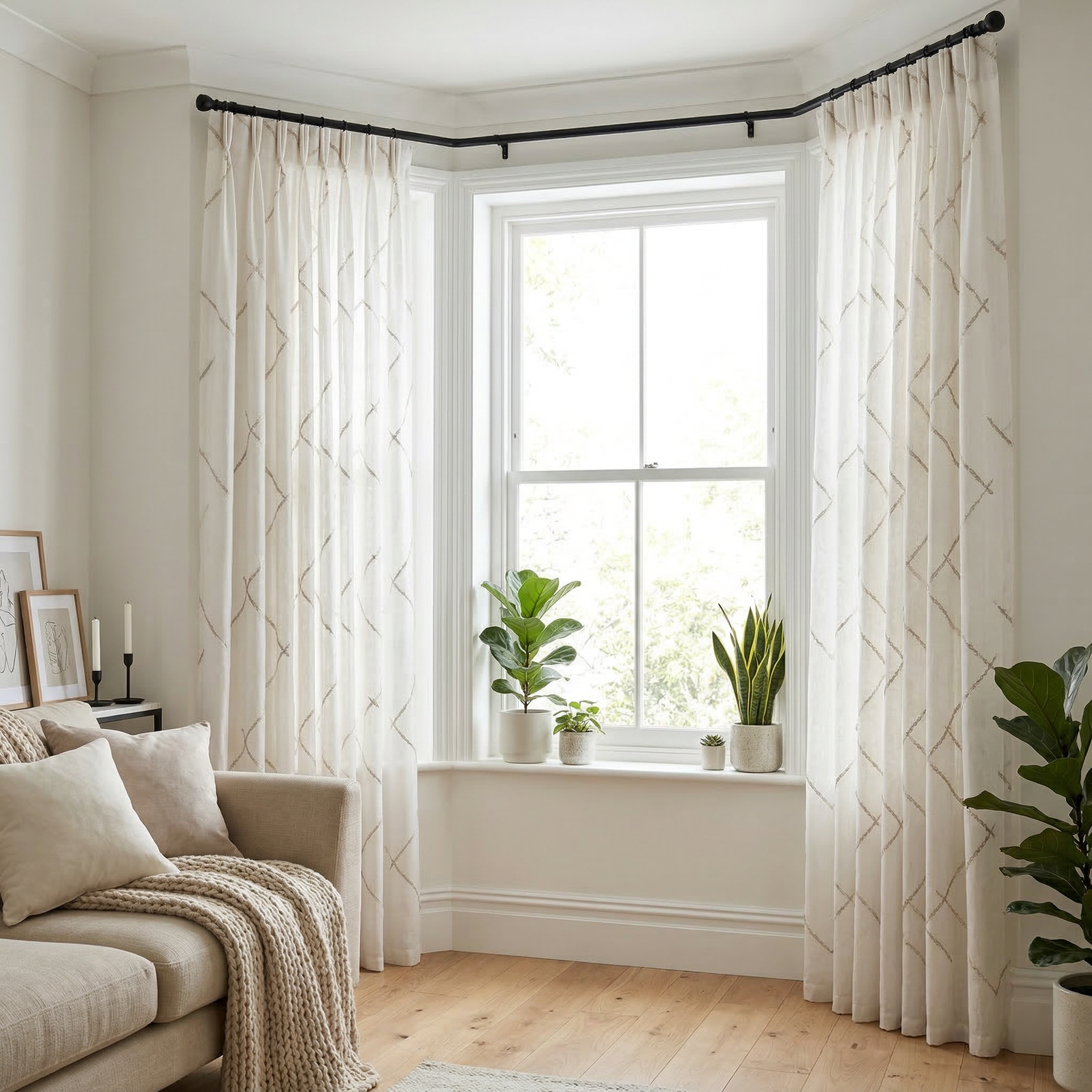 Luxury Embroidered Geometric Linen Blend Sheer Curtains