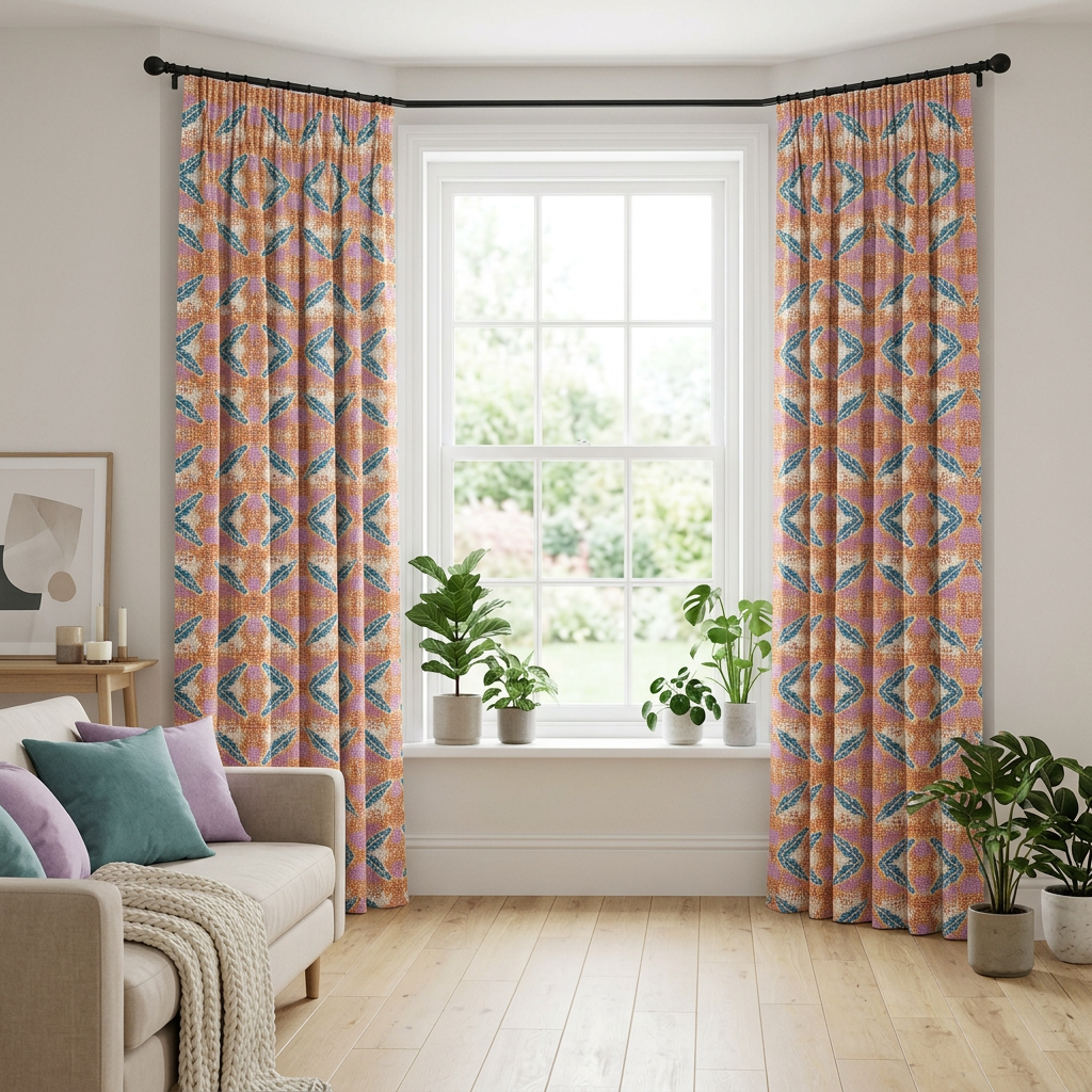Orange Teal Feather Pattern Curtains