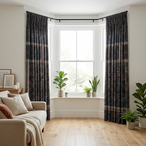 Charcoal Grey & Rust Ornate Damask Curtains
