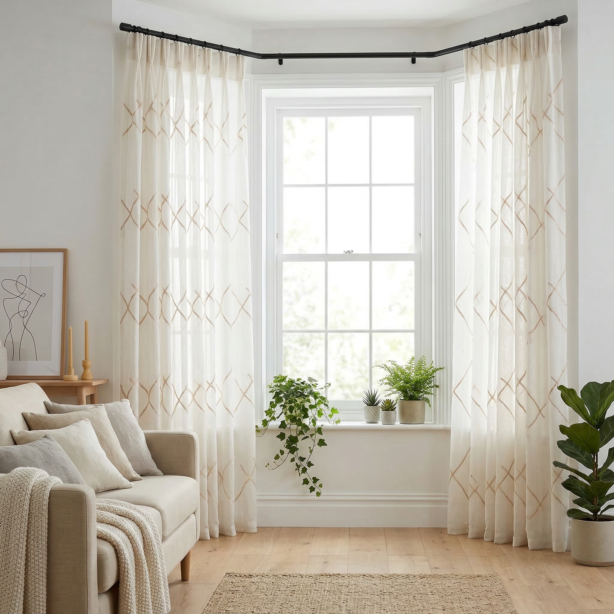 Luxury Embroidered Geometric Linen Blend Sheer Curtains