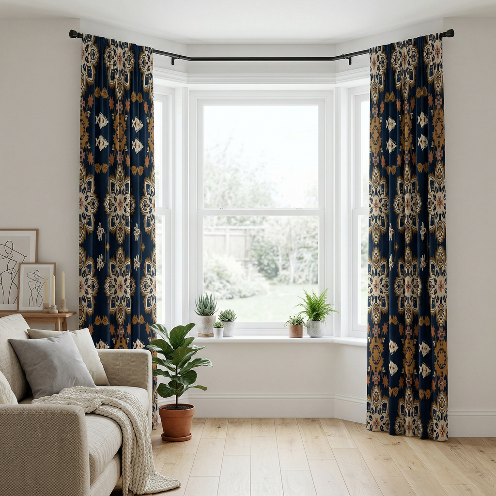 Navy Blue Fabric With Flower And Fish Curtains
