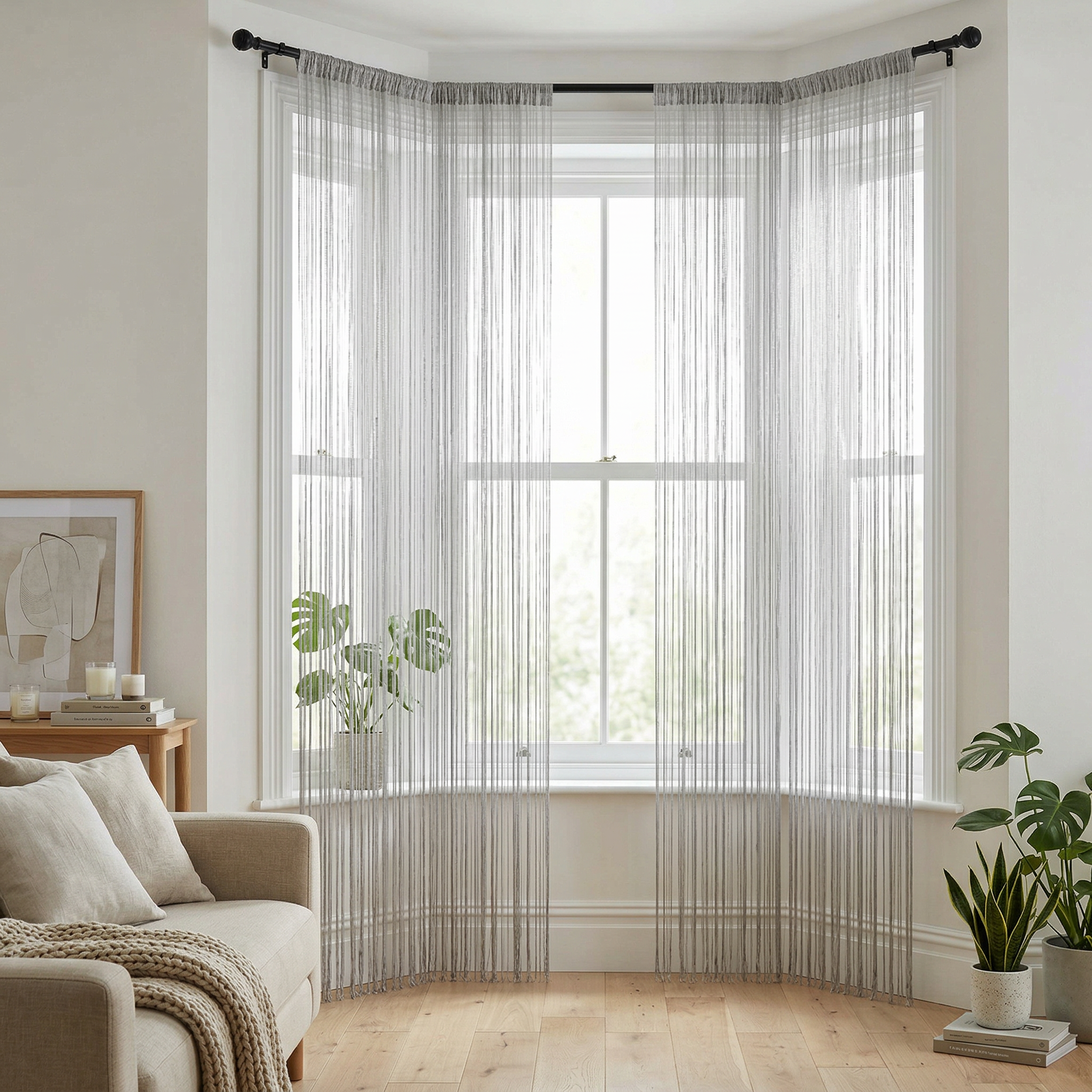 Modern Neutral Tassel String Net Curtain