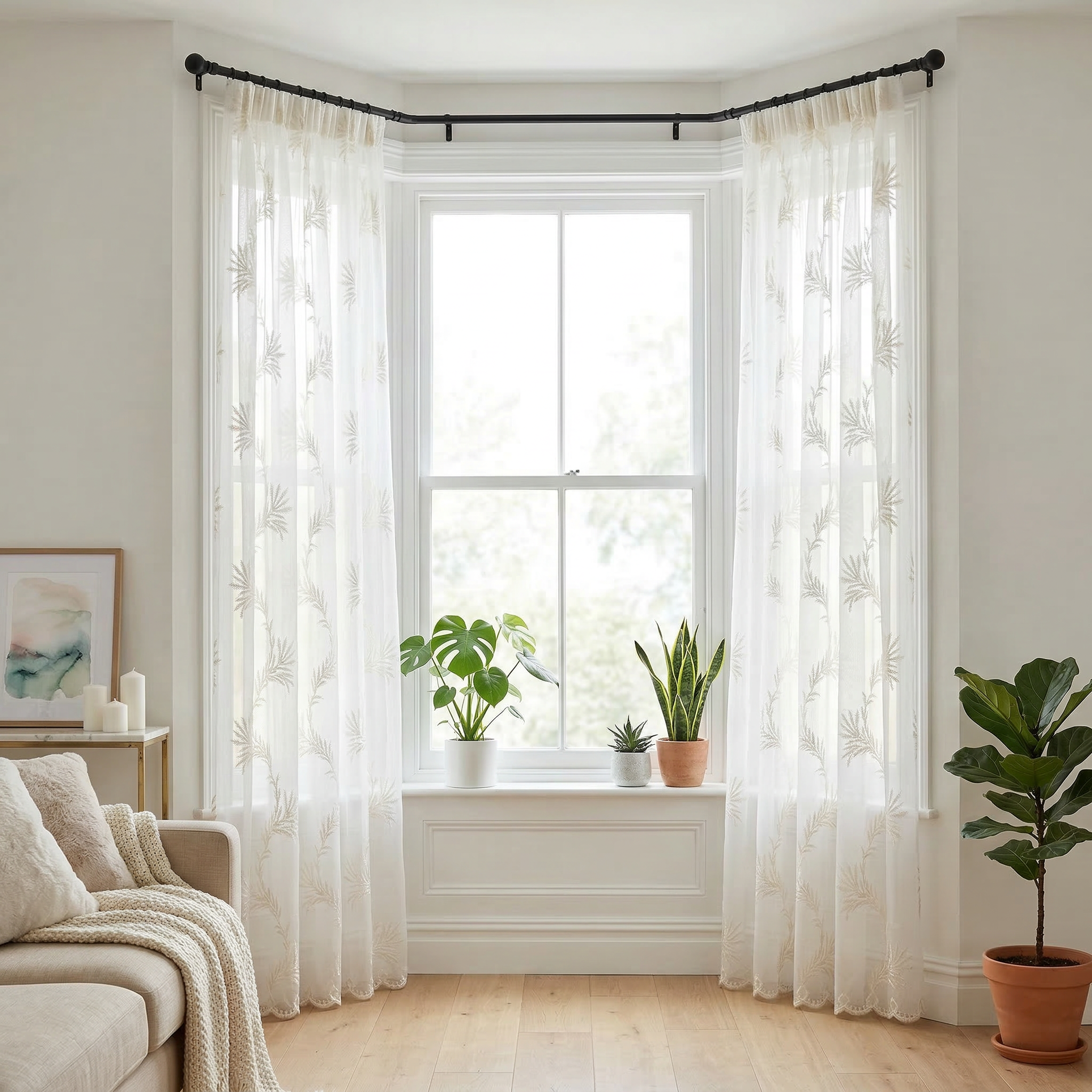 Botanical Leaf Embroidered Voile Curtains