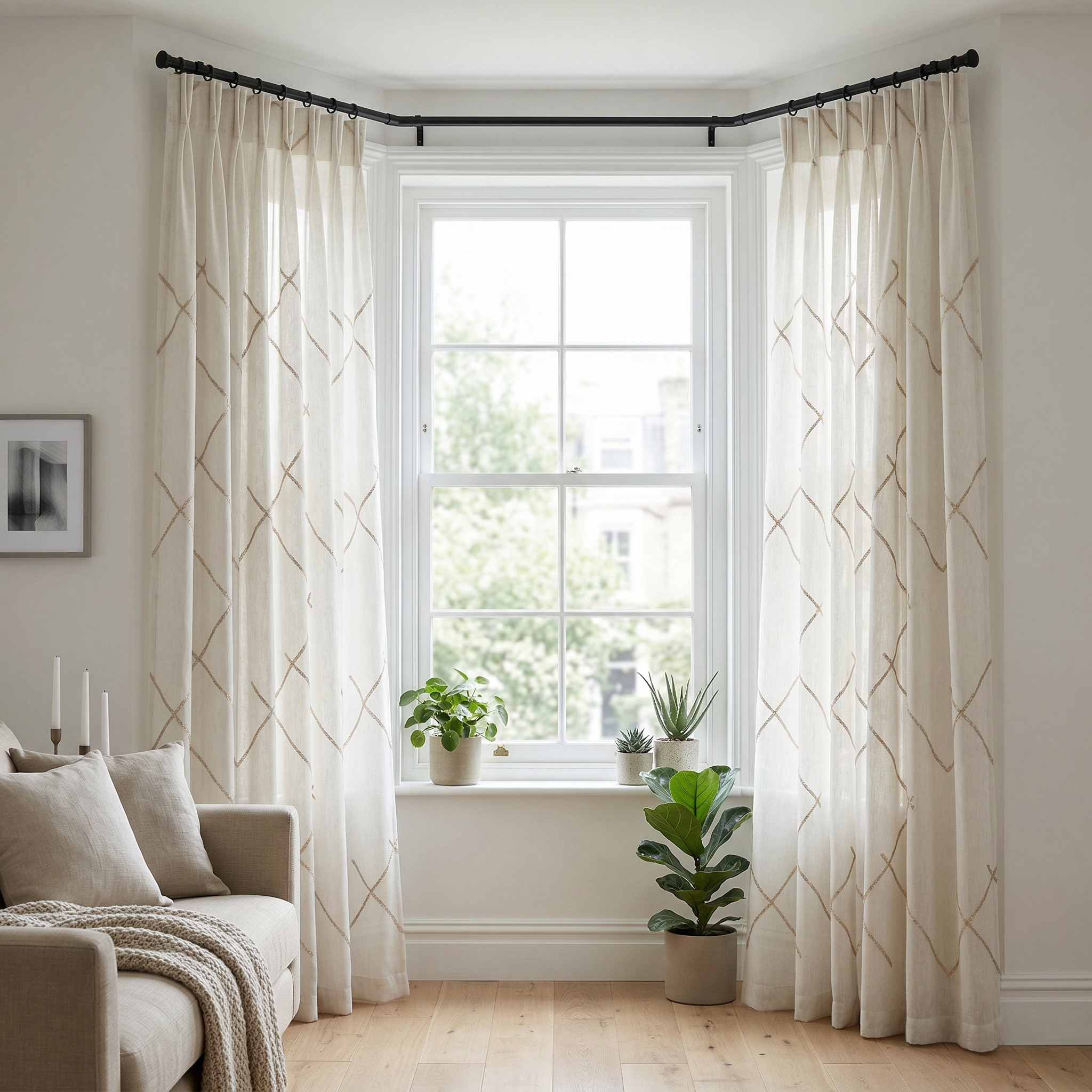 Luxury Embroidered Geometric Linen Blend Sheer Curtains