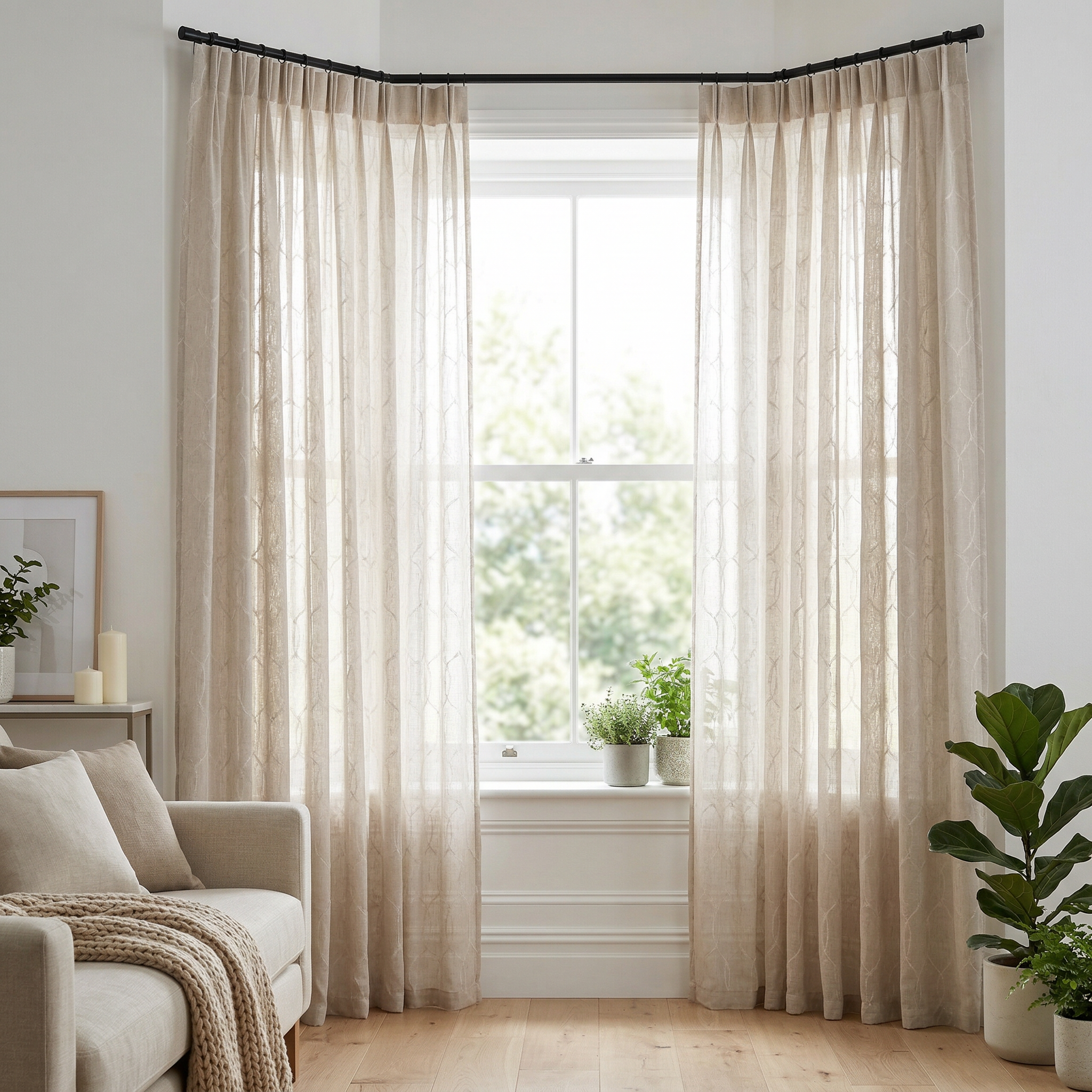 Contemporary Greige Textured Linen Patterned Curtain