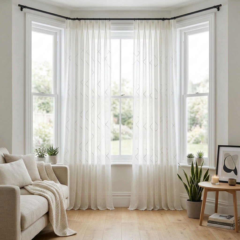 Luxury Embroidered Geometric Linen Blend Sheer Curtains