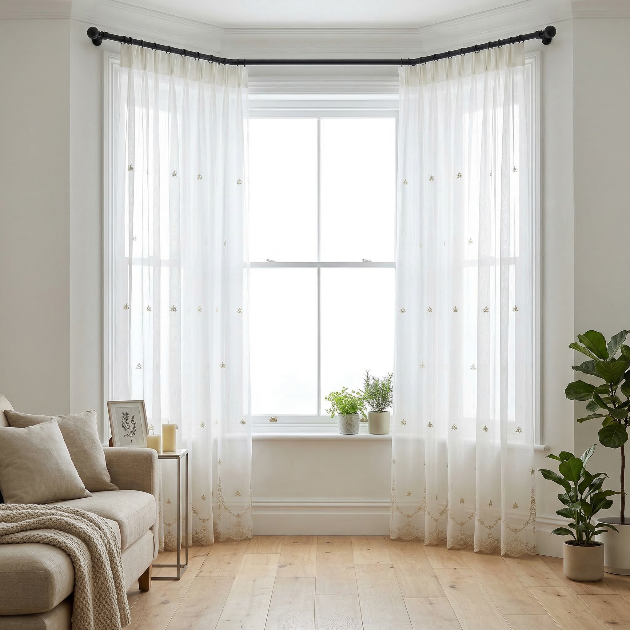 Luxury Off-White Linear Embroidery Sheer Voile Curtains
