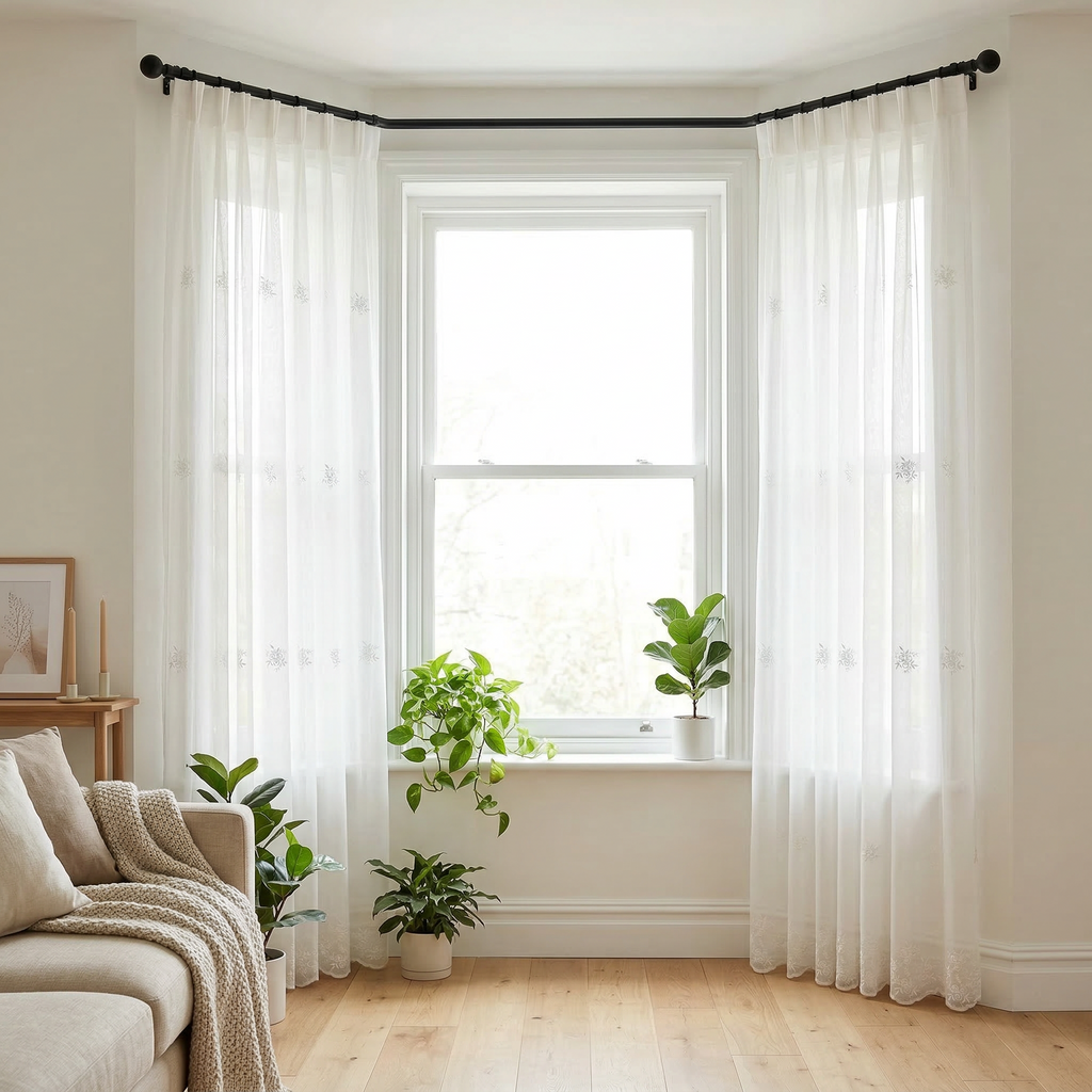 White Floral Embroidered Tulle Curtains
