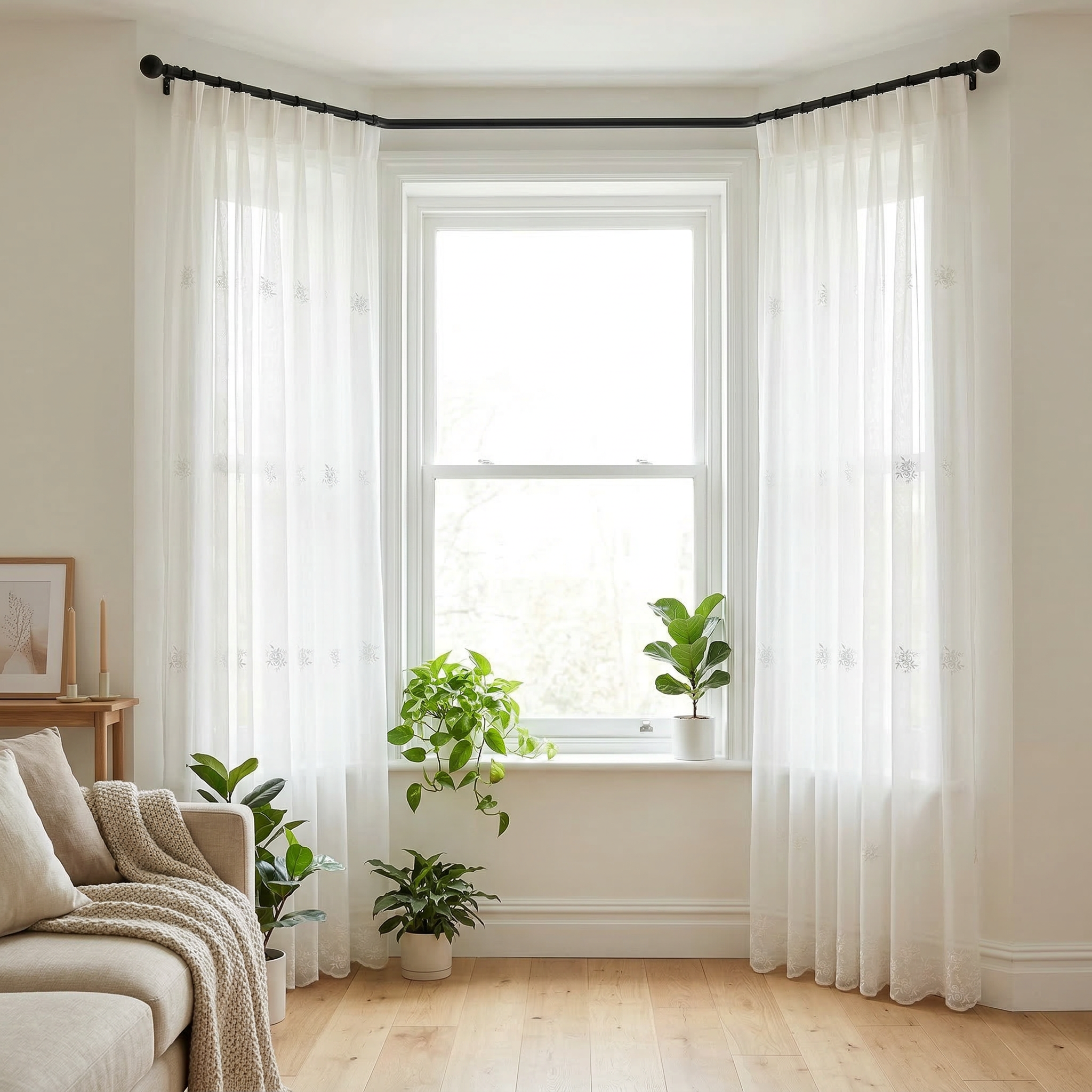 White Floral Embroidered Tulle Curtains