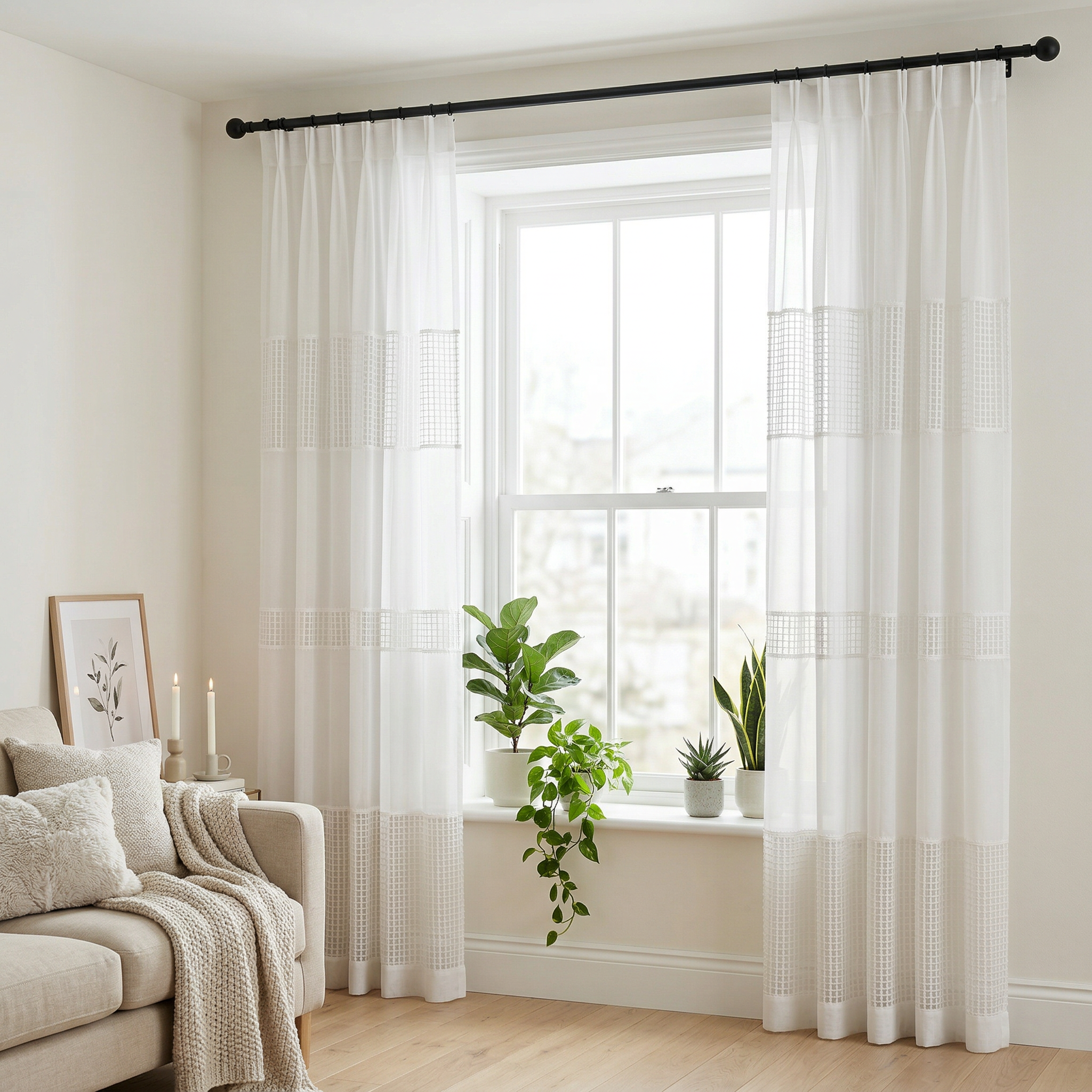White Linen Sheer Curtains with Net Border