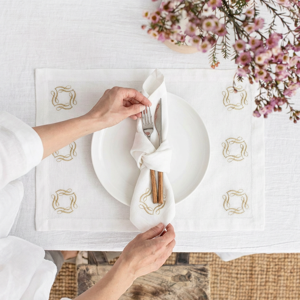 Sqouer Motif Luxury Embroidered Table Linen Collection – 100% Egyptian Cotton & Linen