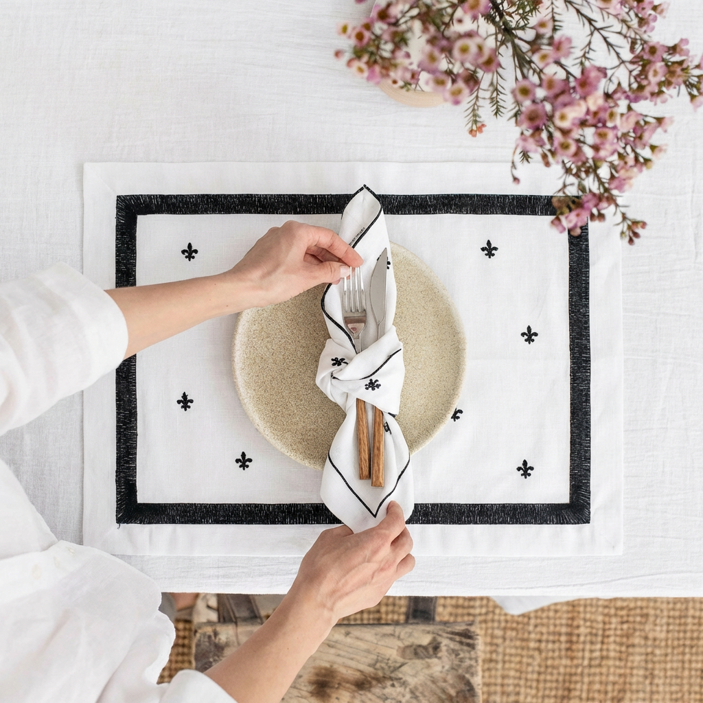 Fleur-De-Lis Luxury Embroidered Table Linen Collection – 100% Egyptian Cotton & Linen