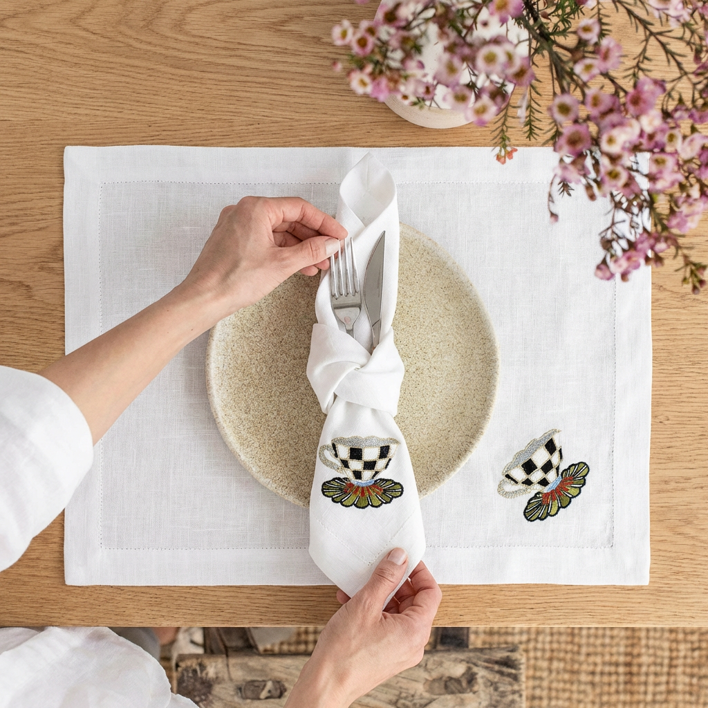 Tea Cup Luxury Embroidered Table Linen Collection – 100% Egyptian Cotton & Linen