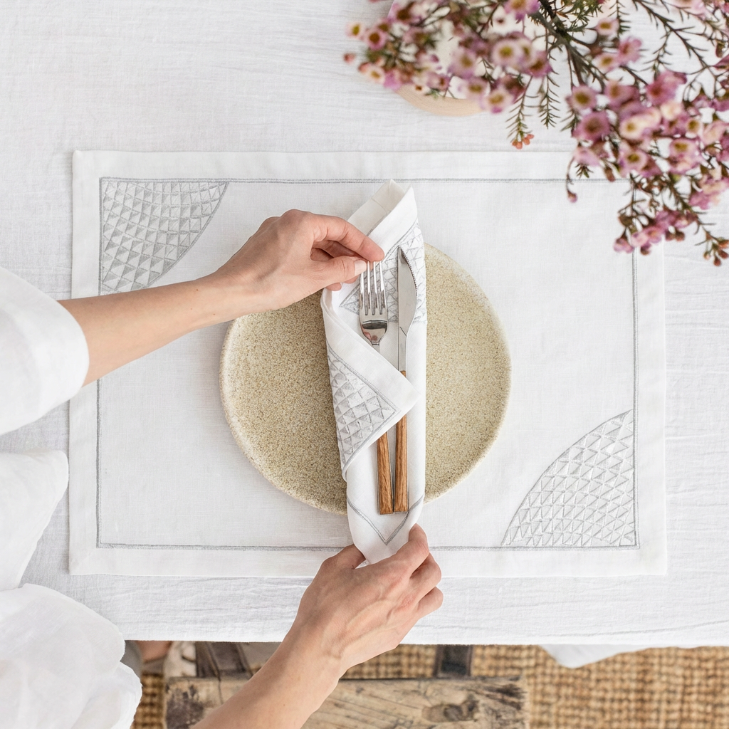 Plate Model Luxury Embroidered Table Linen Collection – 100% Egyptian Cotton & Linen