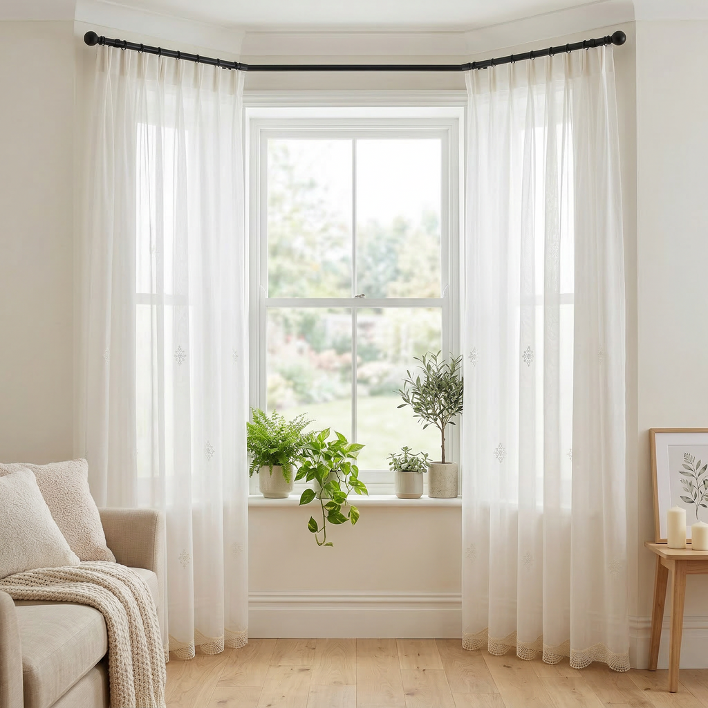 White Embroidered Voile with Lace Trim Curtains