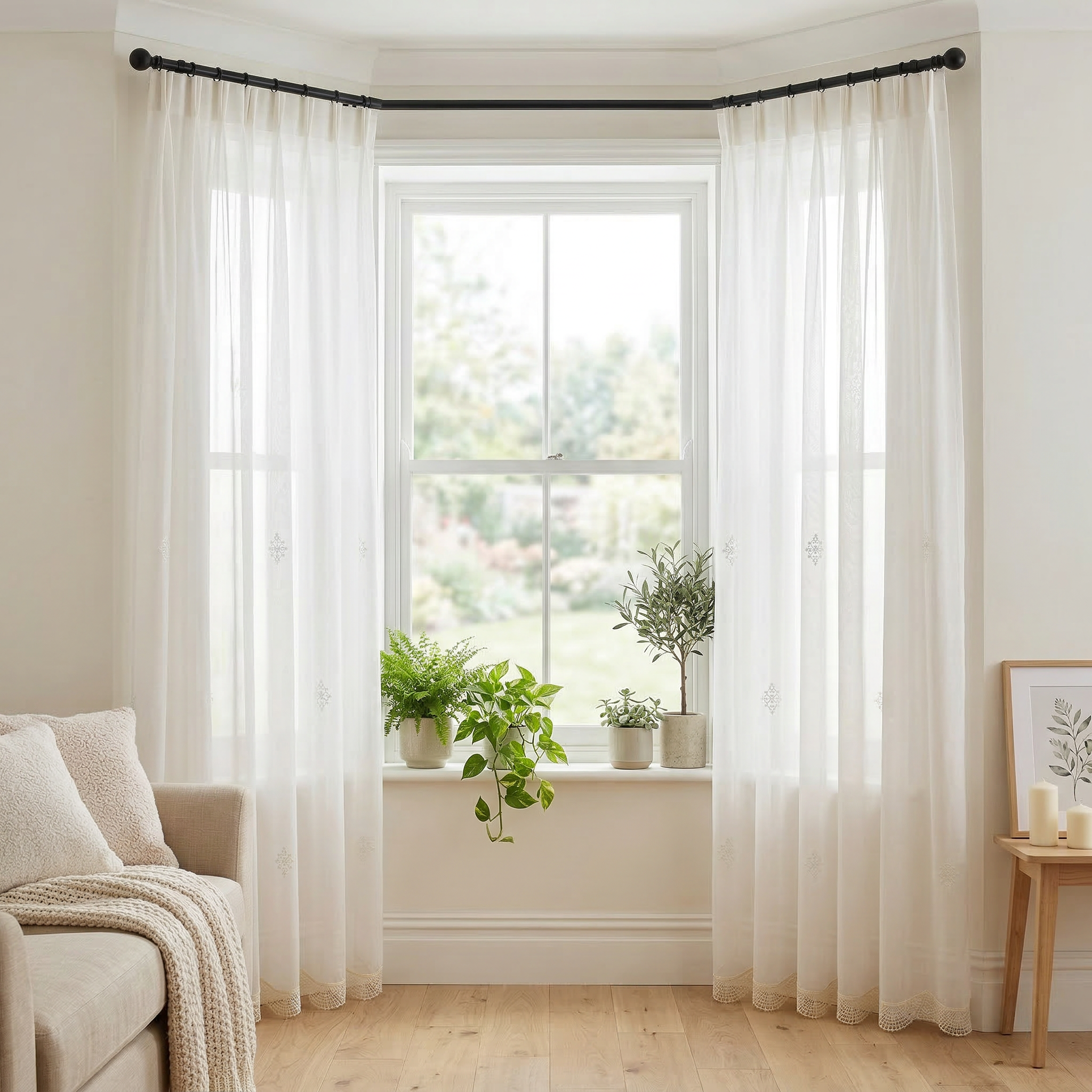 White Embroidered Voile with Lace Trim Curtains