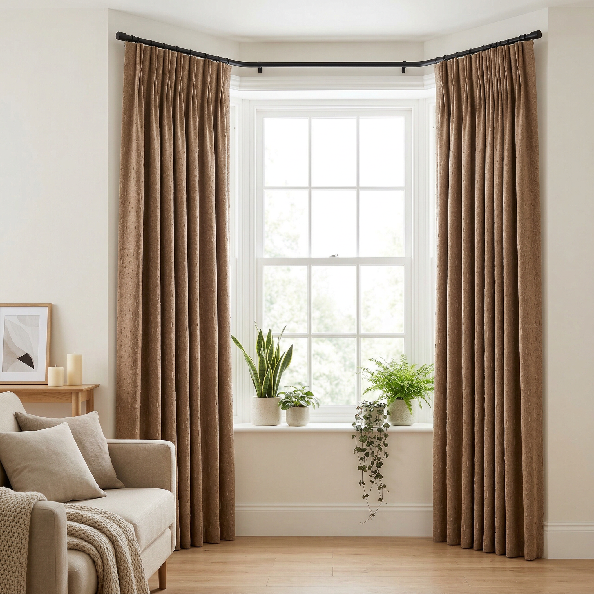 Luxury Natural Brown Tufted Linen Mix Pleated Curtains