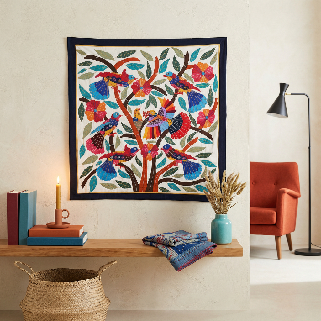 Vibrant Hand-Stitched Patchwork Khayyamian Tapestry
