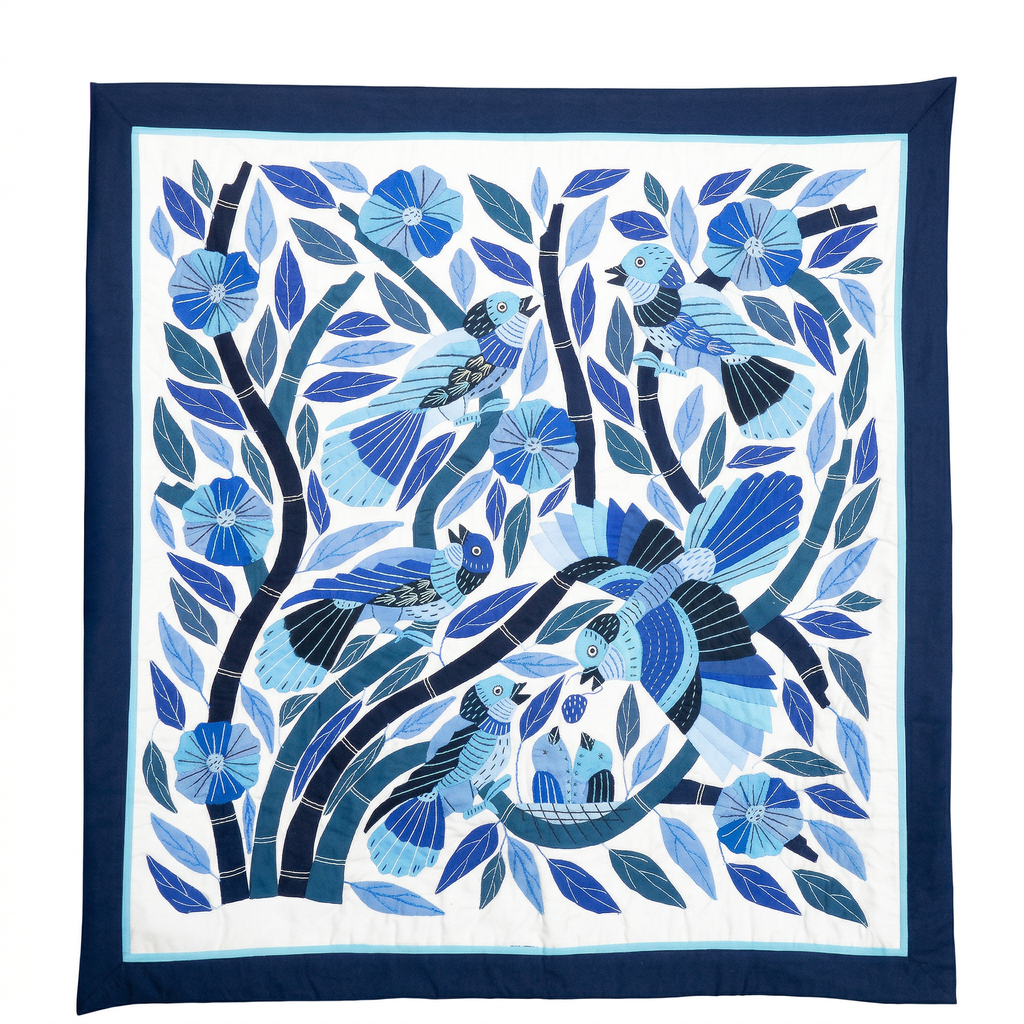 Vibrant  Blue Hand-Stitched Patchwork Khayyamian Tapestry