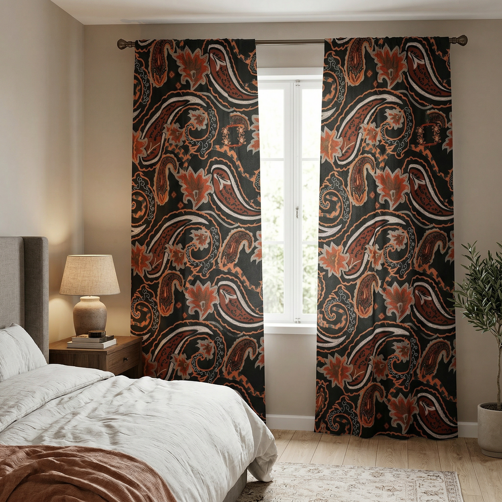 Black & Orange Paisley Curtains