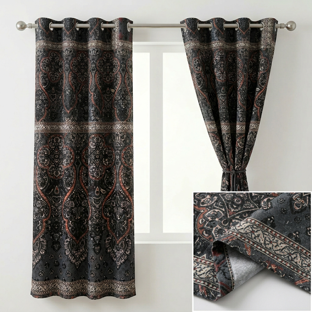 Charcoal Grey & Rust Ornate Damask Curtains