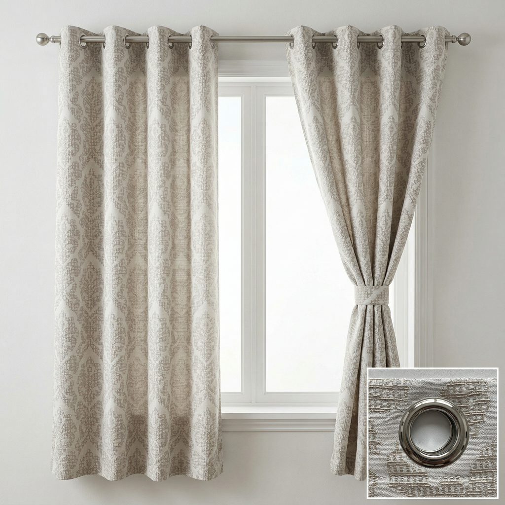 Traditional Cream And Beige Damask Jacquard Curtians