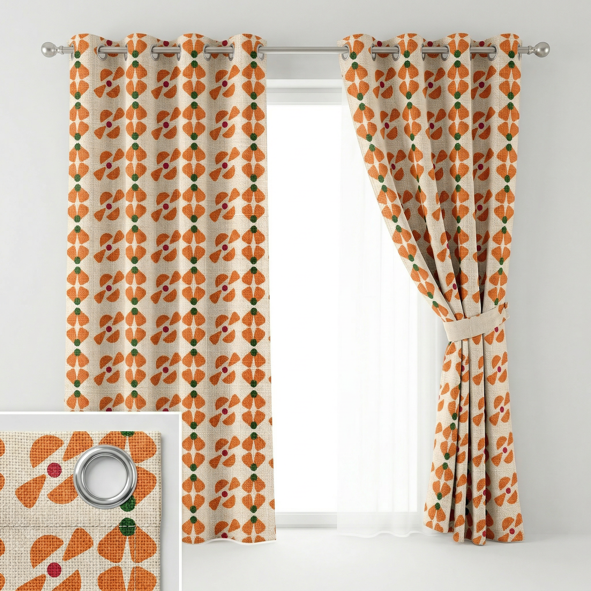 Retro Orange And Black Cotton Blend Curtains