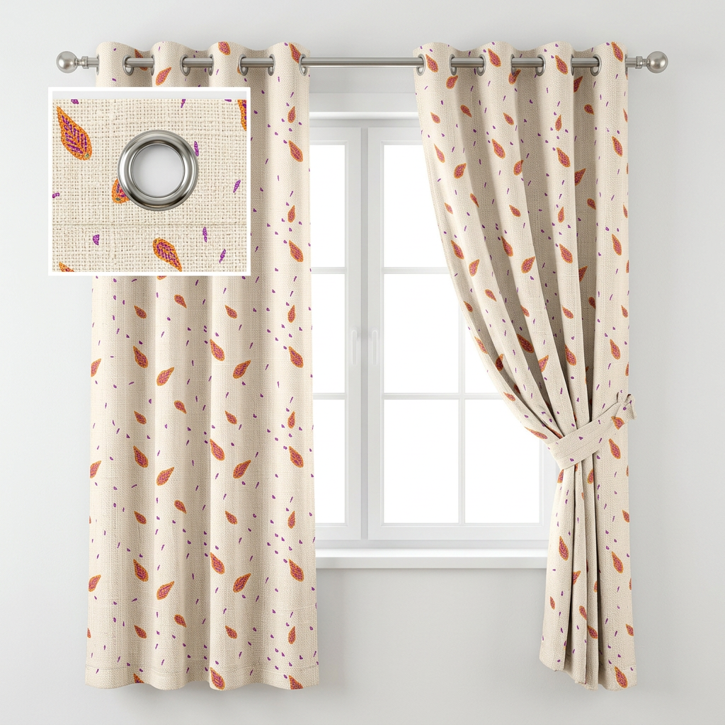 White Cotton With Orange Leaf Curtains